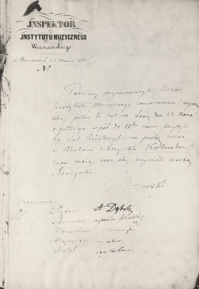 List autorstwa Inspektora Instytutu Muzycznego Warszawskiego Józefa Brzowskiego napisany 21.03.1865 r. 