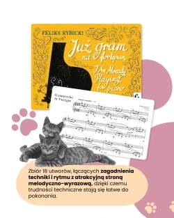 Grafiki ilustrujące koty oraz okładki i zapisy nutowe. Treść na grafice:
""