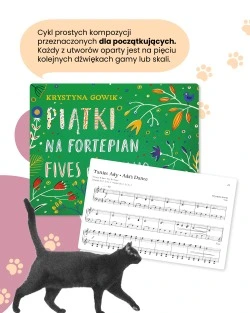 Grafiki ilustrujące koty oraz okładki i zapisy nutowe. Treść na grafice:
""
