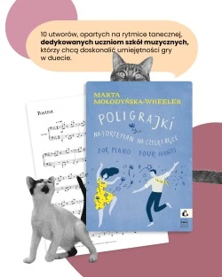 Grafiki ilustrujące koty oraz okładki i zapisy nutowe. Treść na grafice:
""