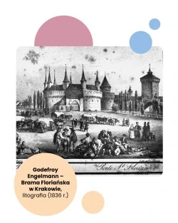Podpis: Godefroy Engelmann – Brama Floriańska w Krakowie, litografia (1836 r.)