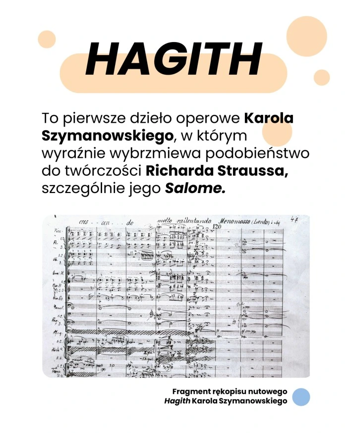 Hagith to pierwsze dzieło operowe Szymanowskiego, w którym wyraźnie wybrzmiewa podobieństwo do twórczości Richarda Straussa, szczególnie jego Salome.
Podpis: Fragment rękopisu nutowego Hagith Karola Szymanowskiego