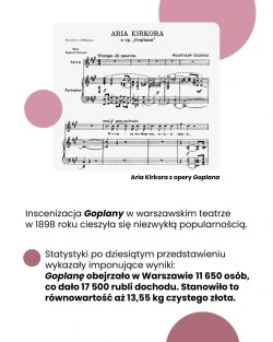 Inscenizacja Goplany w warszawskim teatrze w 1898 roku cieszyła się niezwykłą popularnością. Statystyki po dziesiątym przedstawieniu wykazały imponujące wyniki: Goplanę obejrzało w Warszawie 11 650 osób, co dało 17 500 rubli dochodu. Stanowiło to równowartość aż 13,55 kg czystego złota.